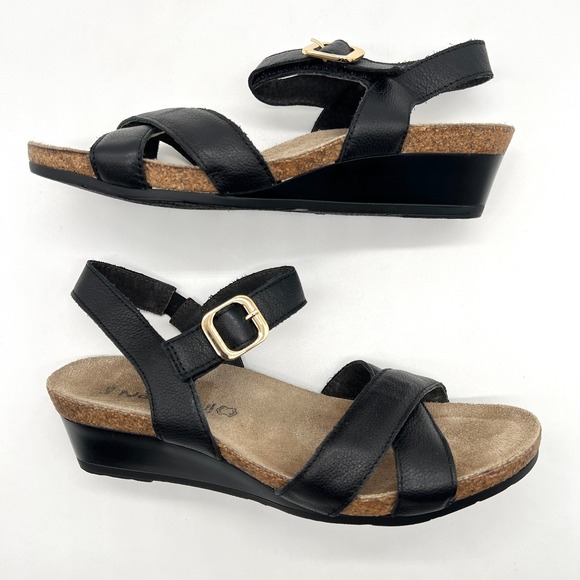 NAOT Throne Criss Cross Leather Wedge Sandal Womens 39 8.5 Black Ankle Strap - Picture 4 of 13